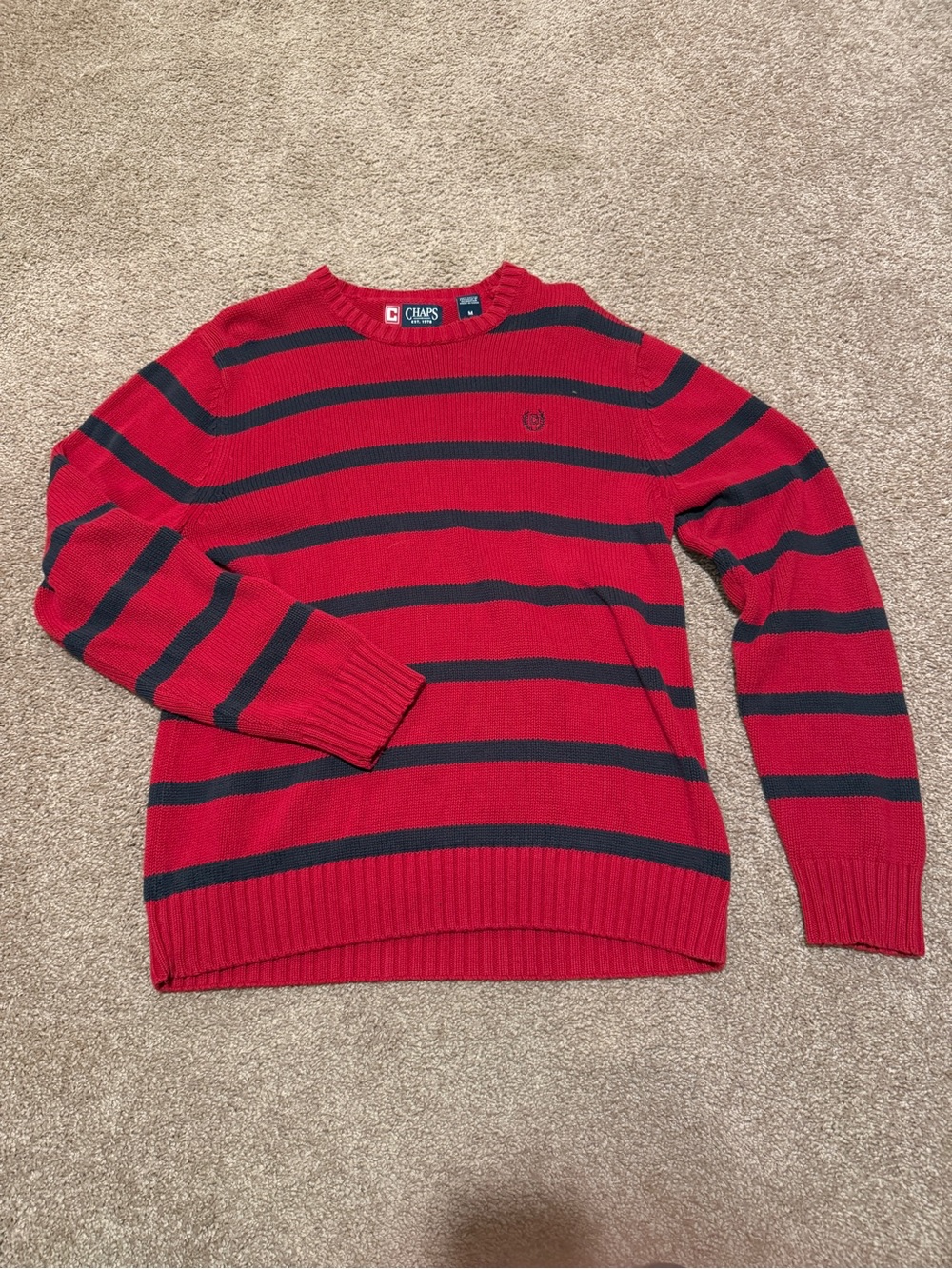 Chaps Red Crewneck Sweater with Navy Stripes